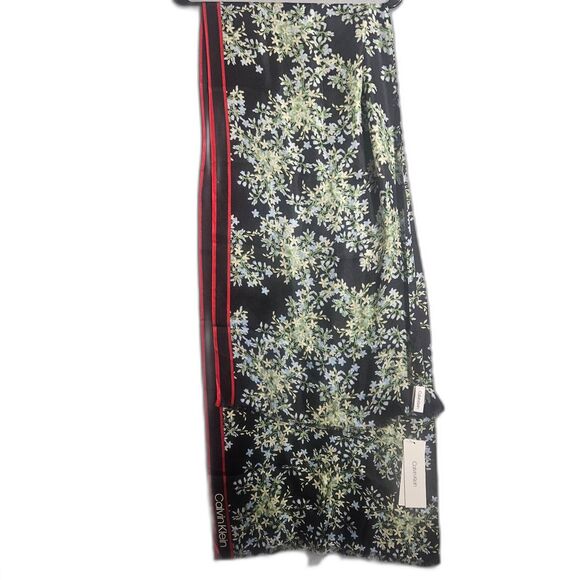 New Calvin Klein Silk Scarf 70X16 Floral Large Black Logo - Picture 1 of 6